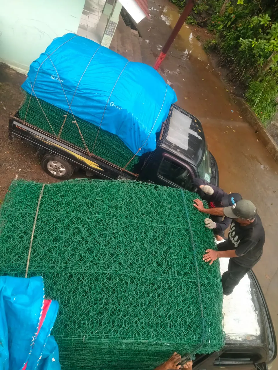 Pekerja merapikan bronjong PVC hijau di atas truk pengiriman